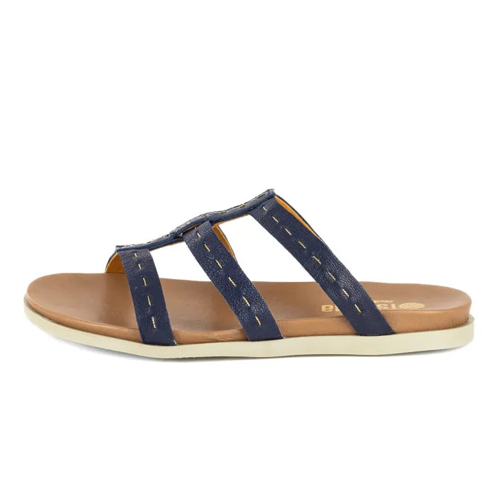 Navy sandal with a tan sole on a white background
