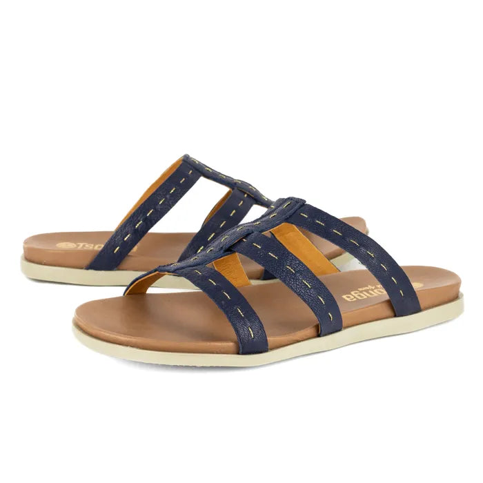 Pair of sandals with navy straps and brown soles on a white background