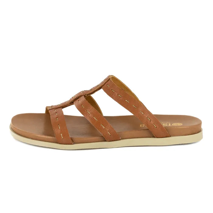 Brown sandal with a white sole on a white background