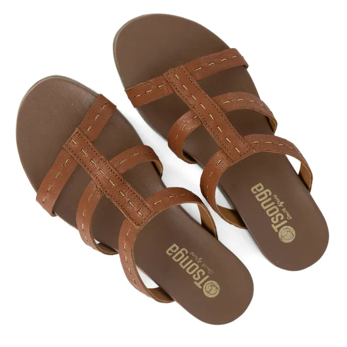 Brown sandals with multiple straps on a white background
