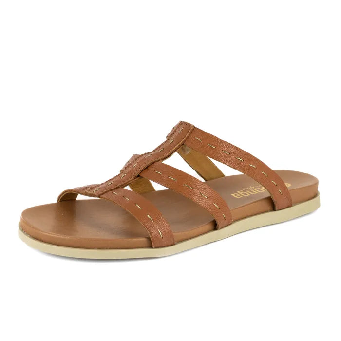 Brown sandal with a white sole on a white background
