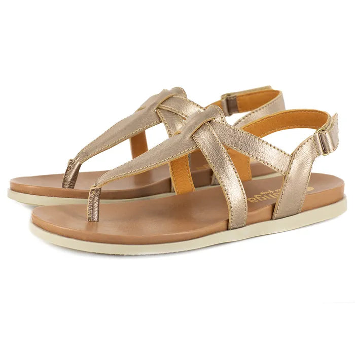 Pair of gold sandals with a white background