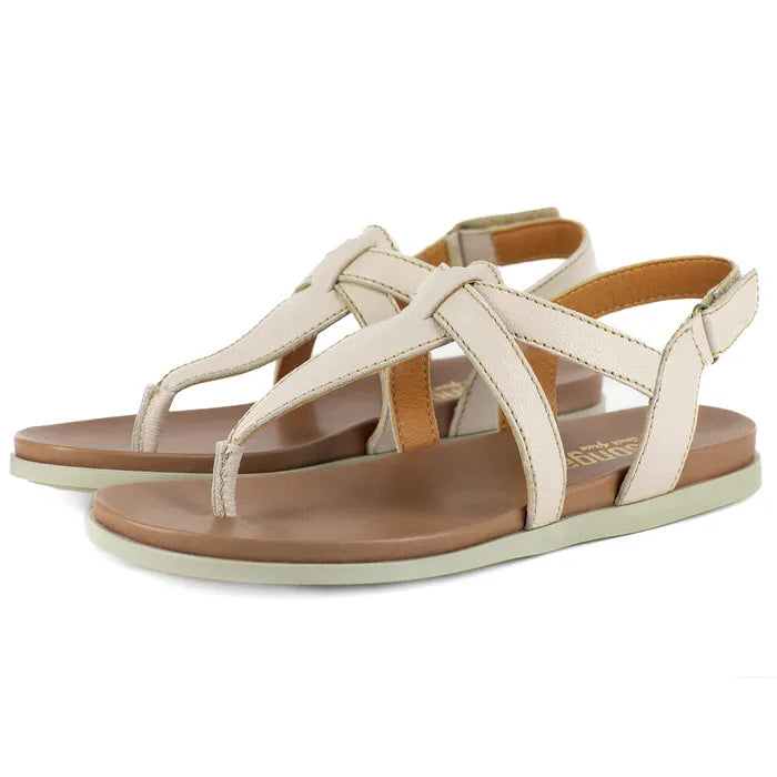 Pair of beige sandals with off-white soles on a white background