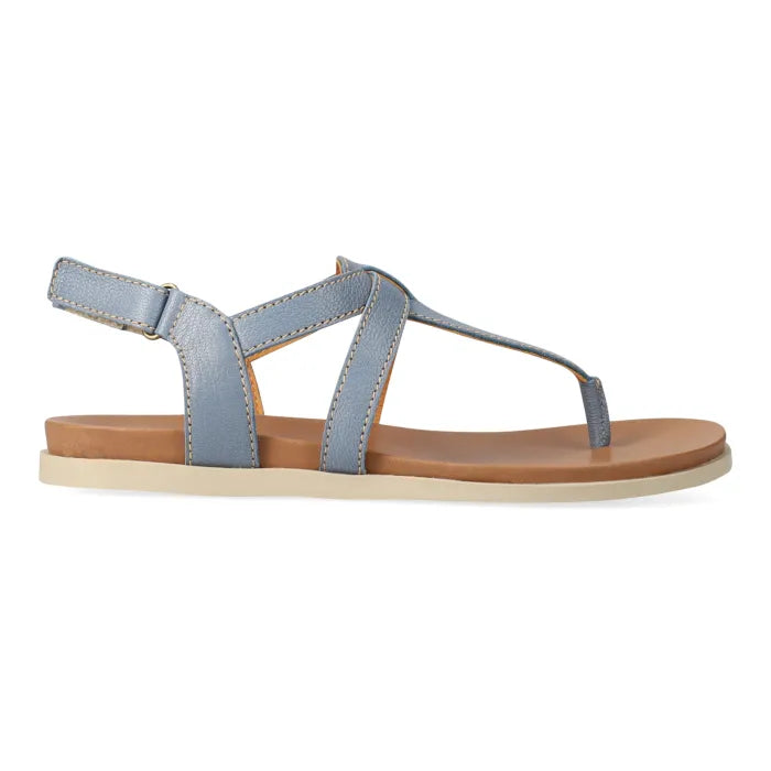 Pair of light blue sandals with off-white soles on a white background