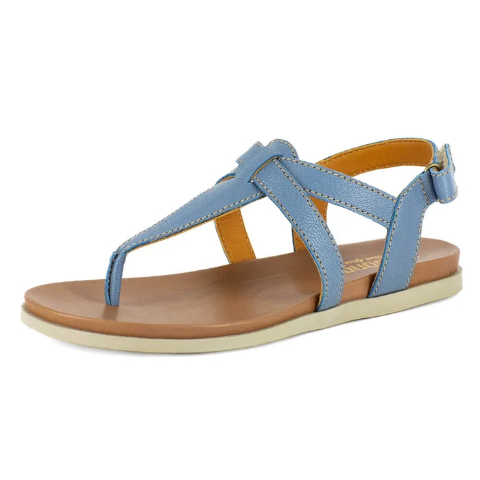 Blue sandal with tan sole on a white background