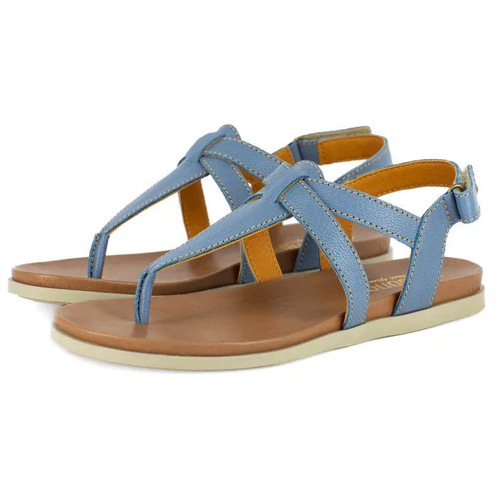 Pair of blue sandals with off white soles on a white background