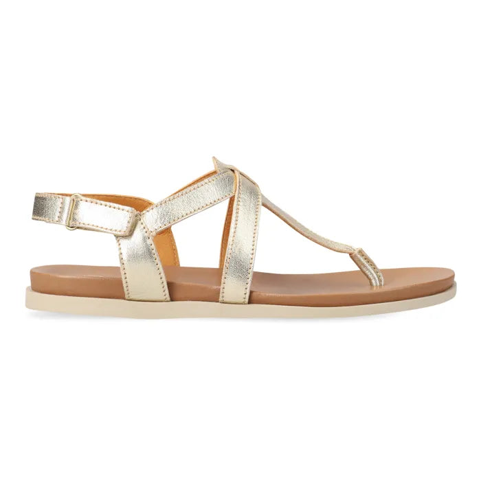 A metallic gold T-strap flat sandal with a tan footbed and a light beige outsole, shown in a side profile on a white background.