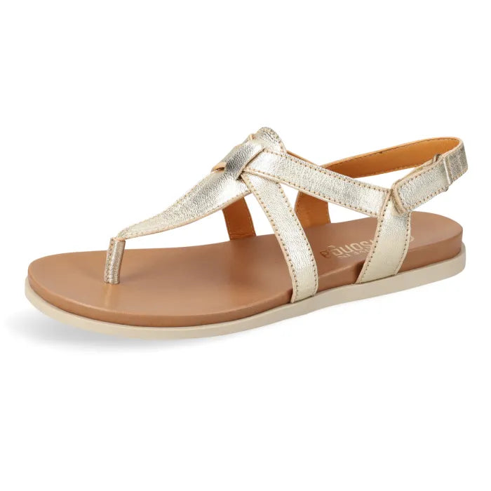 A women's flat thong sandal with metallic champagne-gold straps and a tan footbed, shown from a side profile on a white background.
