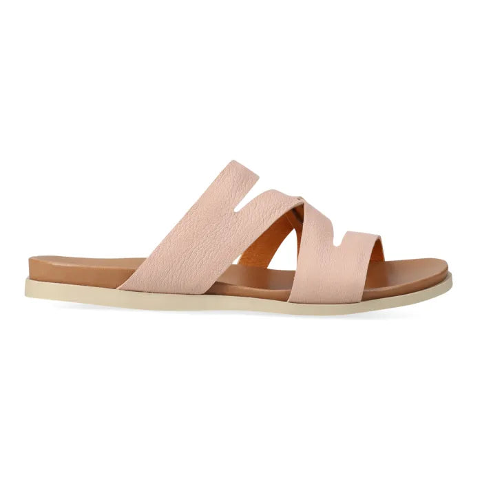Pink sandals with multiple straps on a white background