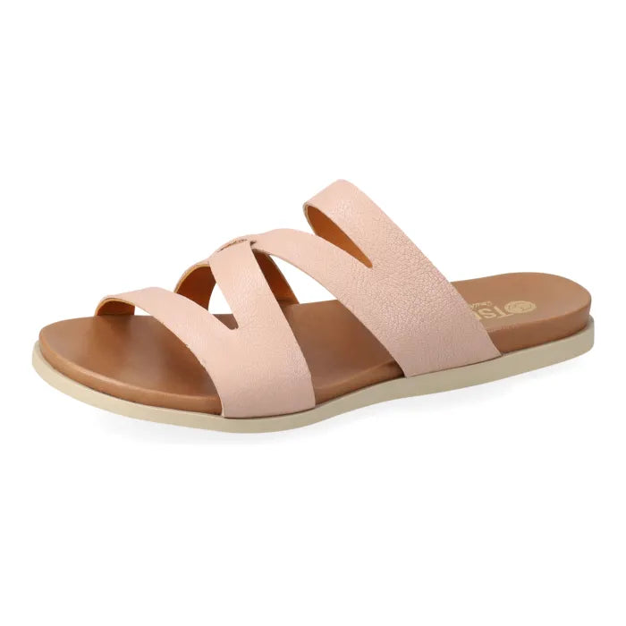 Pink sandals with multiple straps on a white background