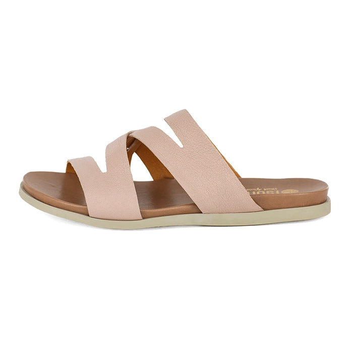 Pink sandal with criss-cross straps on a white background
