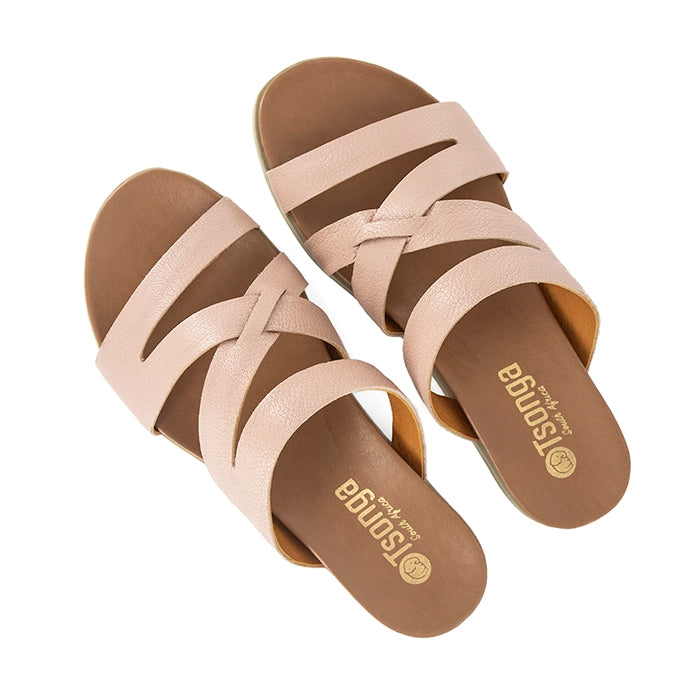 Pair of Pink sandals with Off white soles on a white background