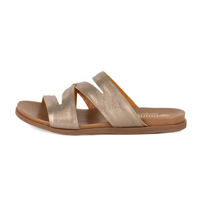Gold sandal with a brown sole on a white background