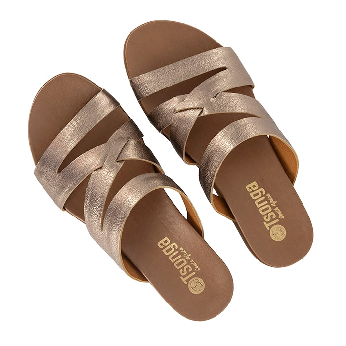 Pair of gold sandals with 'Tsonga' branding on a white background