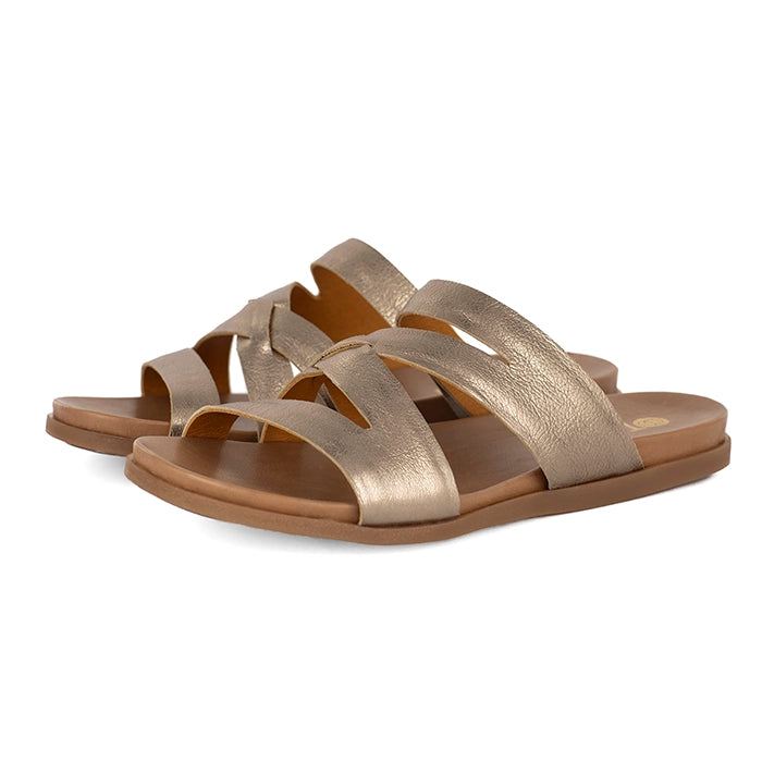 Gold sandals with multiple straps on a white background