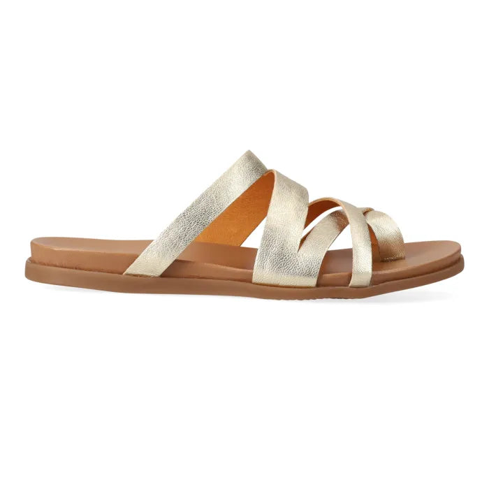 Gold sandals with multiple straps on a white background