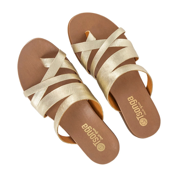 Pair of gold strappy sandals on a white background