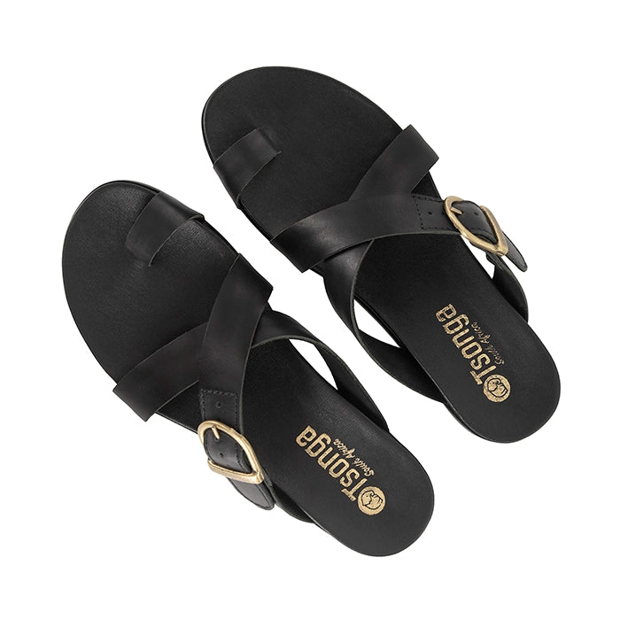 Black criss cross sandals with gold buckles on a white background