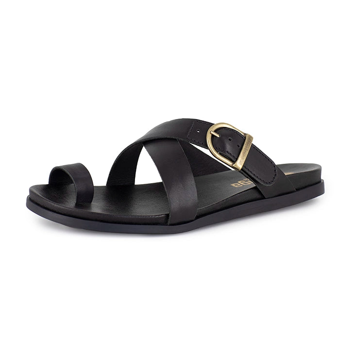 Black criss cross sandal with a gold buckle on a white background