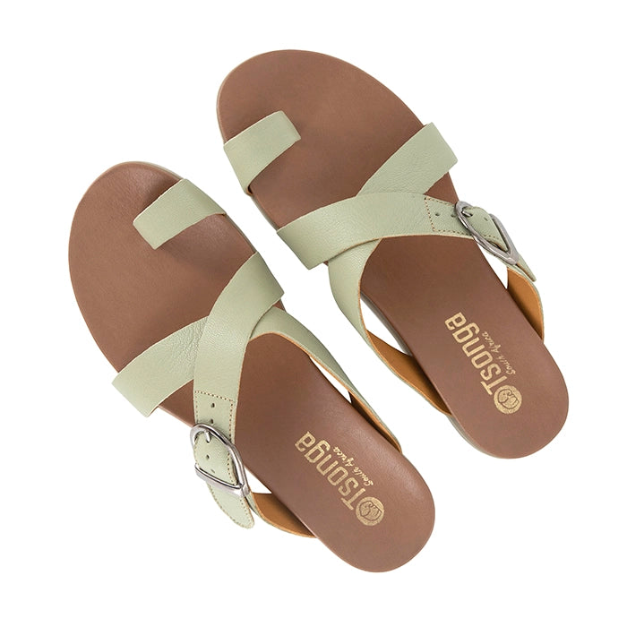 Pair of sandals with beige straps and brown soles on a white background