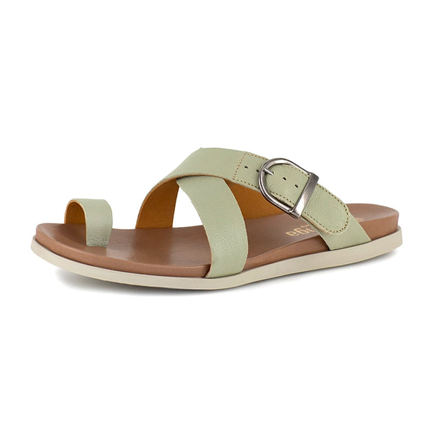 Light green sandal with a brown sole on a white background