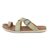 Light green sandal with a brown sole on a white background