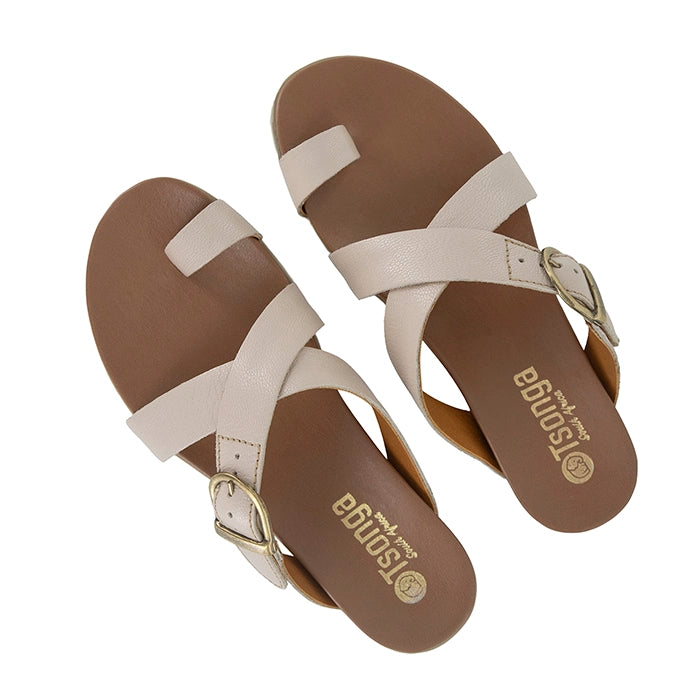 Pair of beige sandals with 'Tsonga' branding on a white background