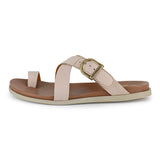 Beige sandal with a gold buckle on a white background
