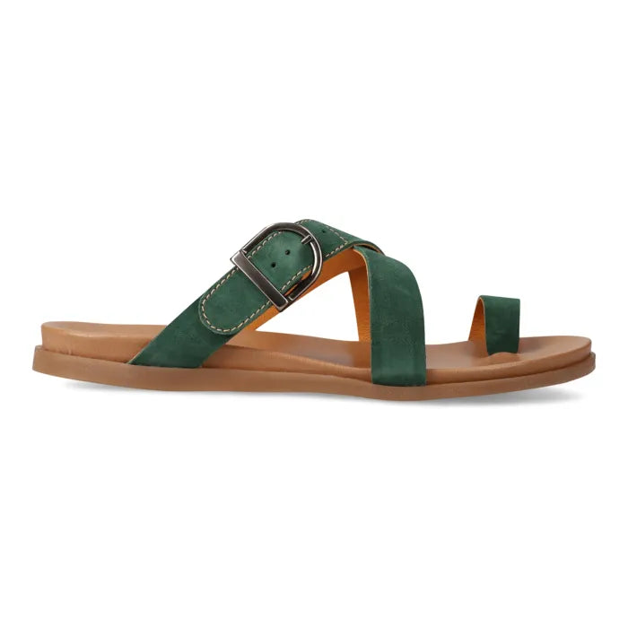 Green sandal with a tan sole on a white background
