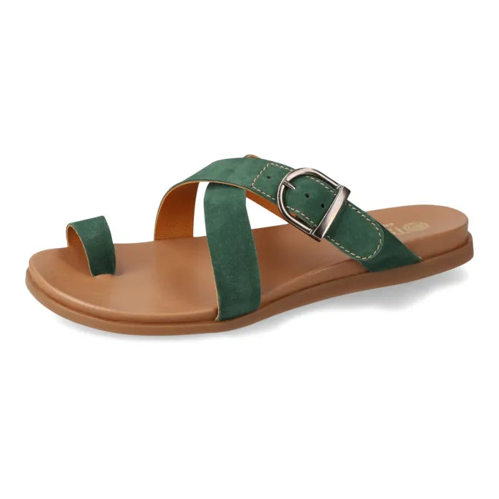 Green sandal with a tan sole on a white background