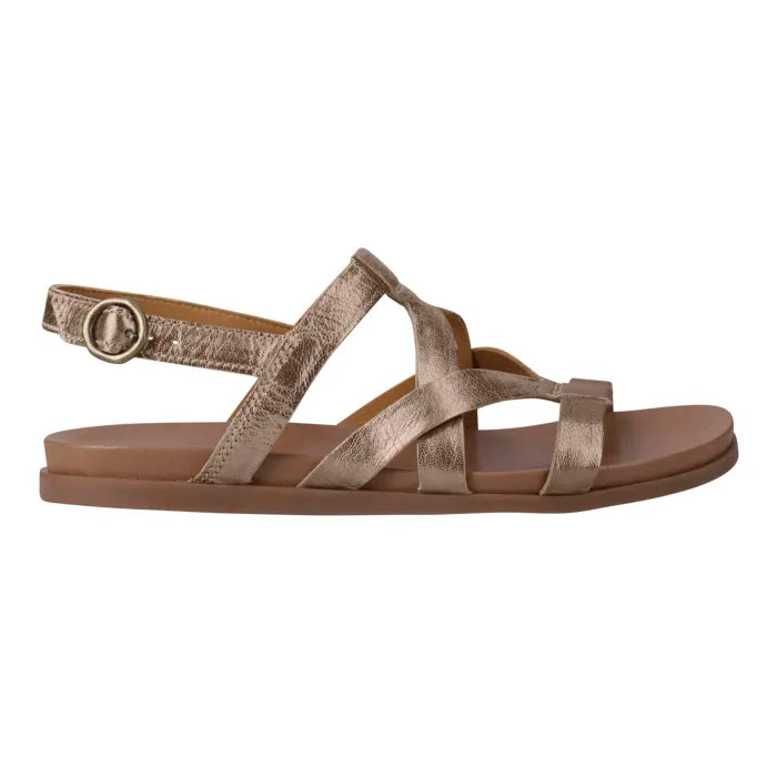 A metallic bronze strappy sandal with an adjustable ankle strap and a flat sole, shown in a side profile on a white background.
