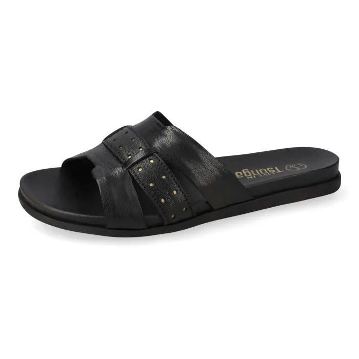 A single black slide sandal with two wide straps, one of which features small gold-tone holes, shown on a plain white background.