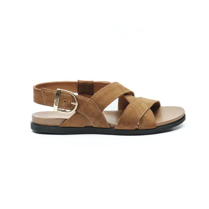 A single brown suede-like strappy sandal with an adjustable ankle strap and a gold-tone buckle, shown in profile against a plain white background.