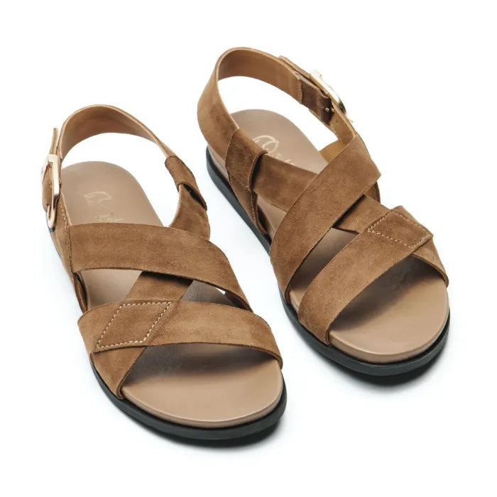A pair of women's brown suede strappy sandals with adjustable ankle straps and gold-tone buckles, shown on a white background.