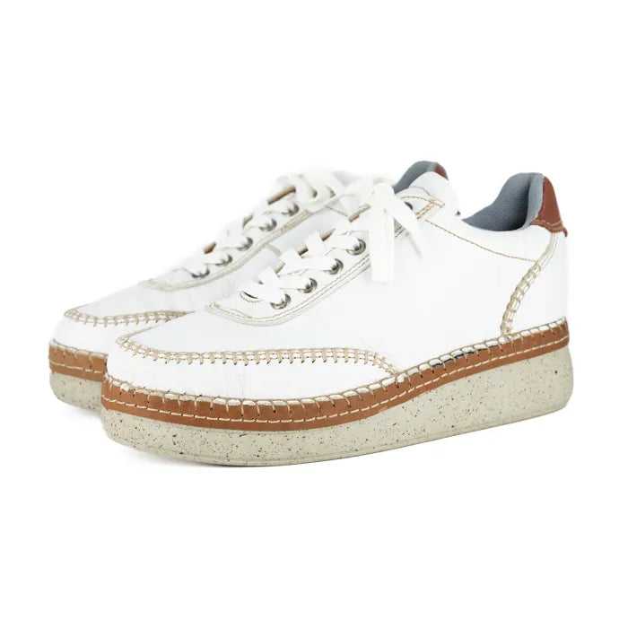 White sneakers with brown accents on a white background