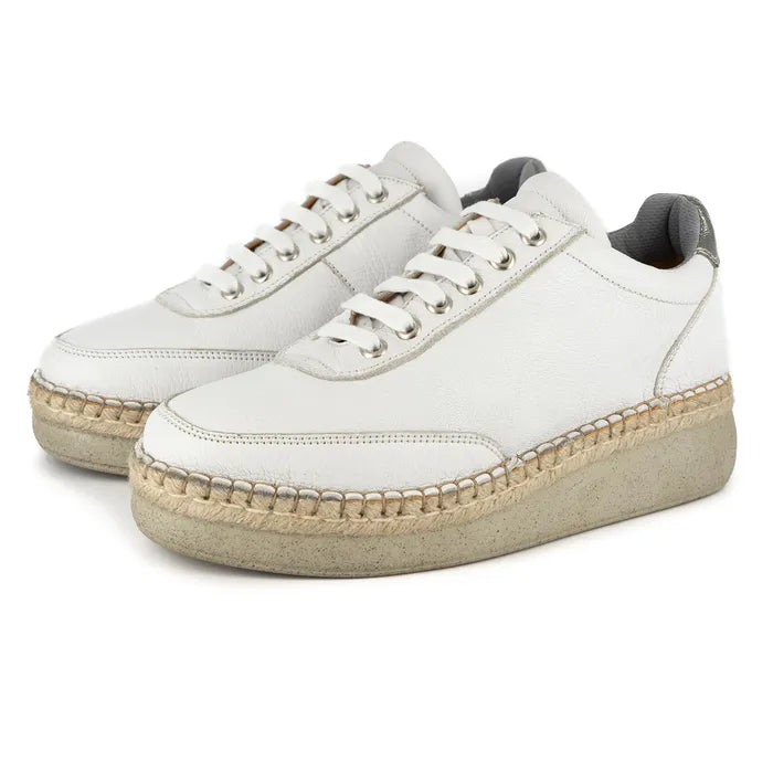 Pair of white sneakers with jute sole on a white background