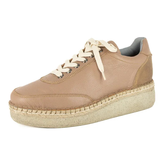 Beige sneaker with white laces on a white background