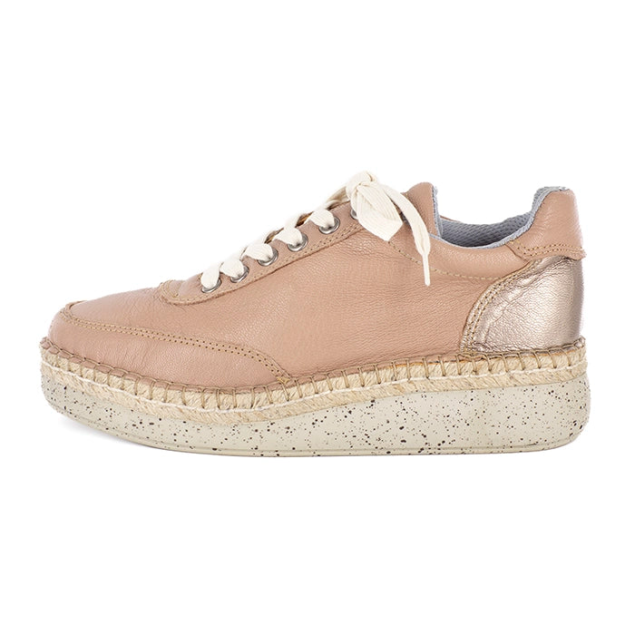 Beige wedge sneaker with speckled sole on a white background