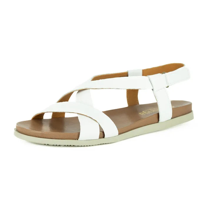 White sandal with brown sole on a white background
