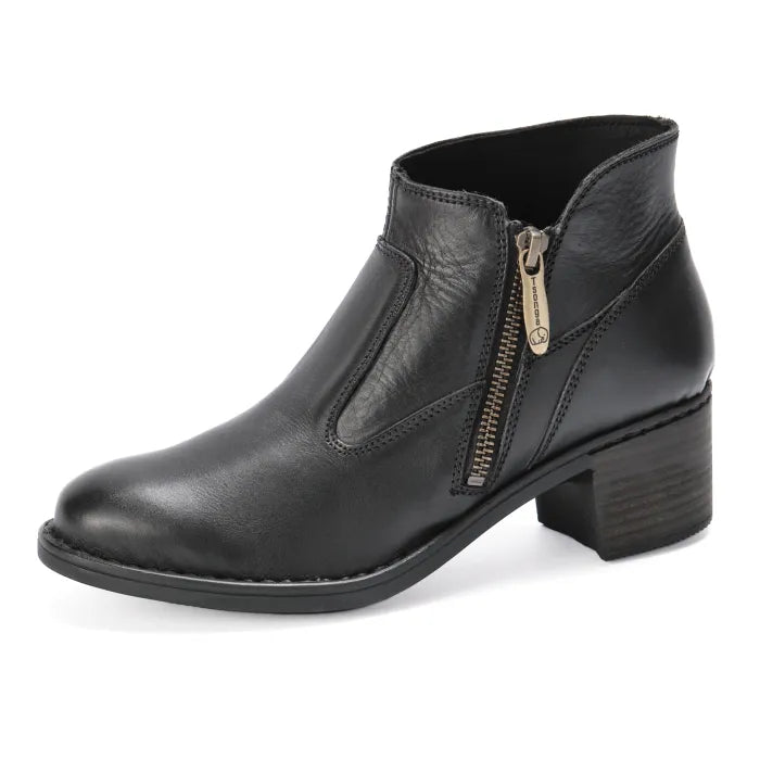 Black leather ankle boot with a gold zipper on a white background