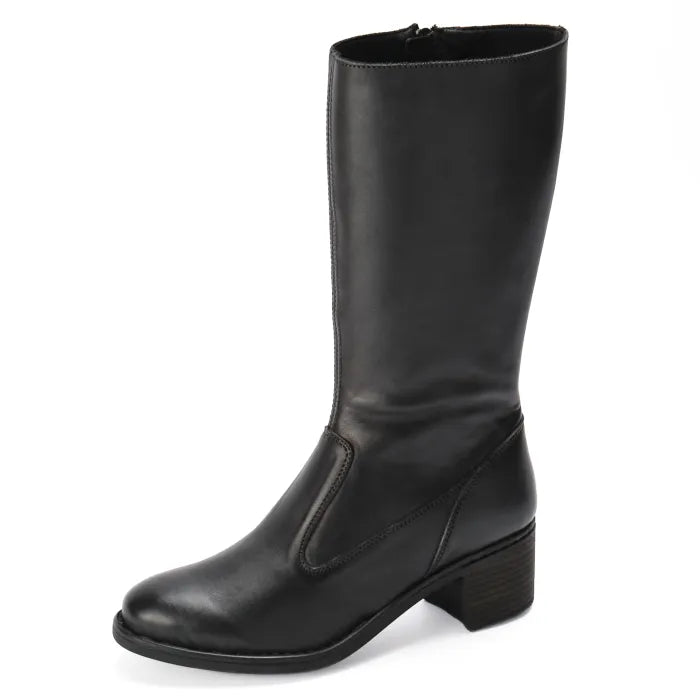 Black leather knee-high boot on a white background