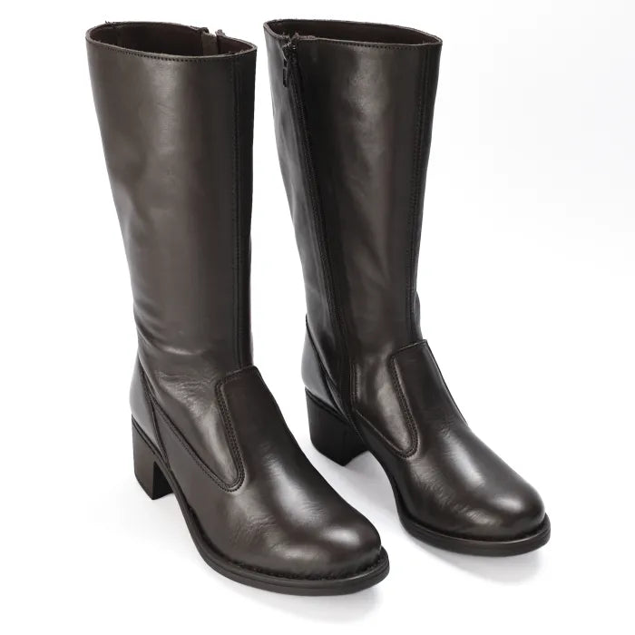 Pair of dark brown knee-high boots on a white background
