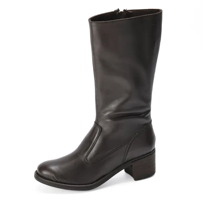 Brown leather knee-high boot on a white background