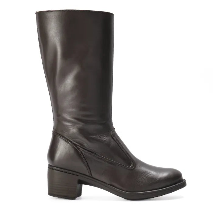 Brown leather knee-high boot on a white background