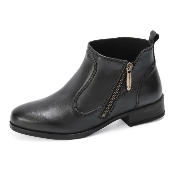 Black leather ankle boot with a zipper on a white background