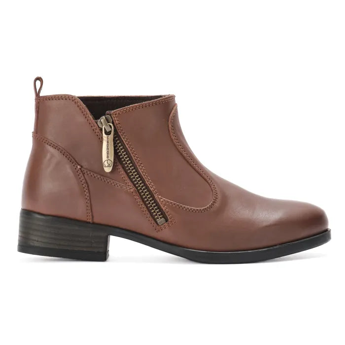 Brown leather ankle boot with a gold zipper on a white background