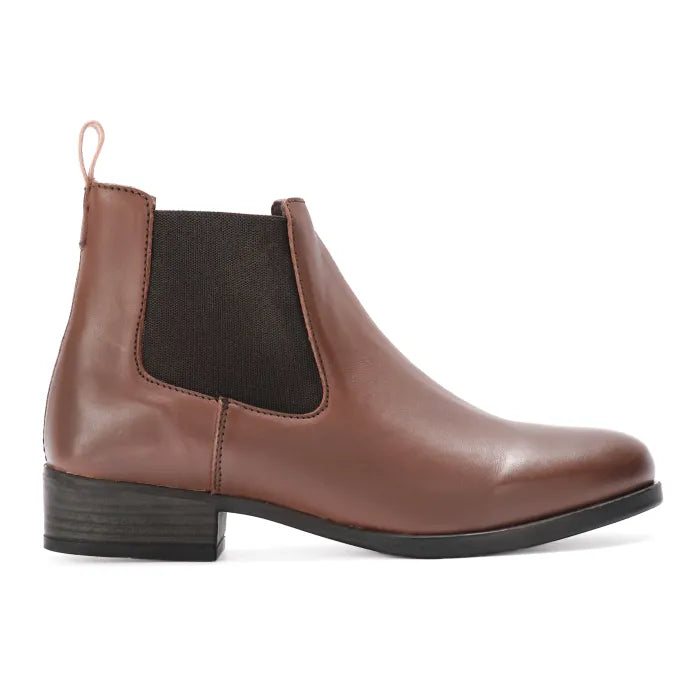 Brown leather ankle boot with a black sole on a white background