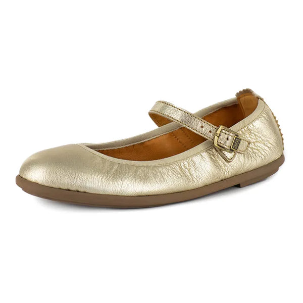 Gold metallic pump with a strap and buckle on a white background