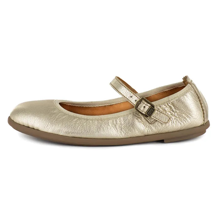 Gold metallic flat pump with a strap on a white background