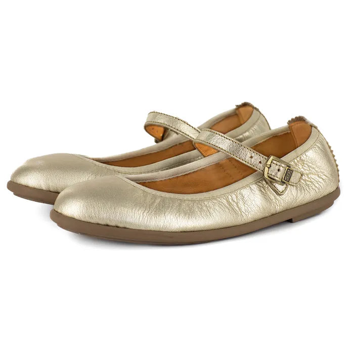 Pair of gold metallic pumps with a strap on a white background
